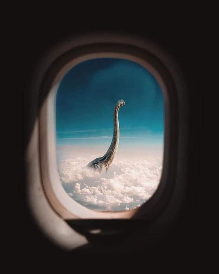 an airplane window with a view of a dinosaur in the sky and clouds from inside