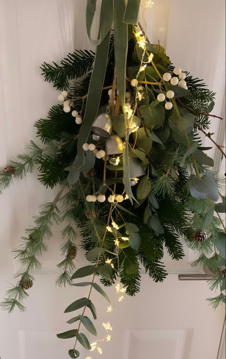 a christmas wreath hanging from the front door with lights and greenery on it's side