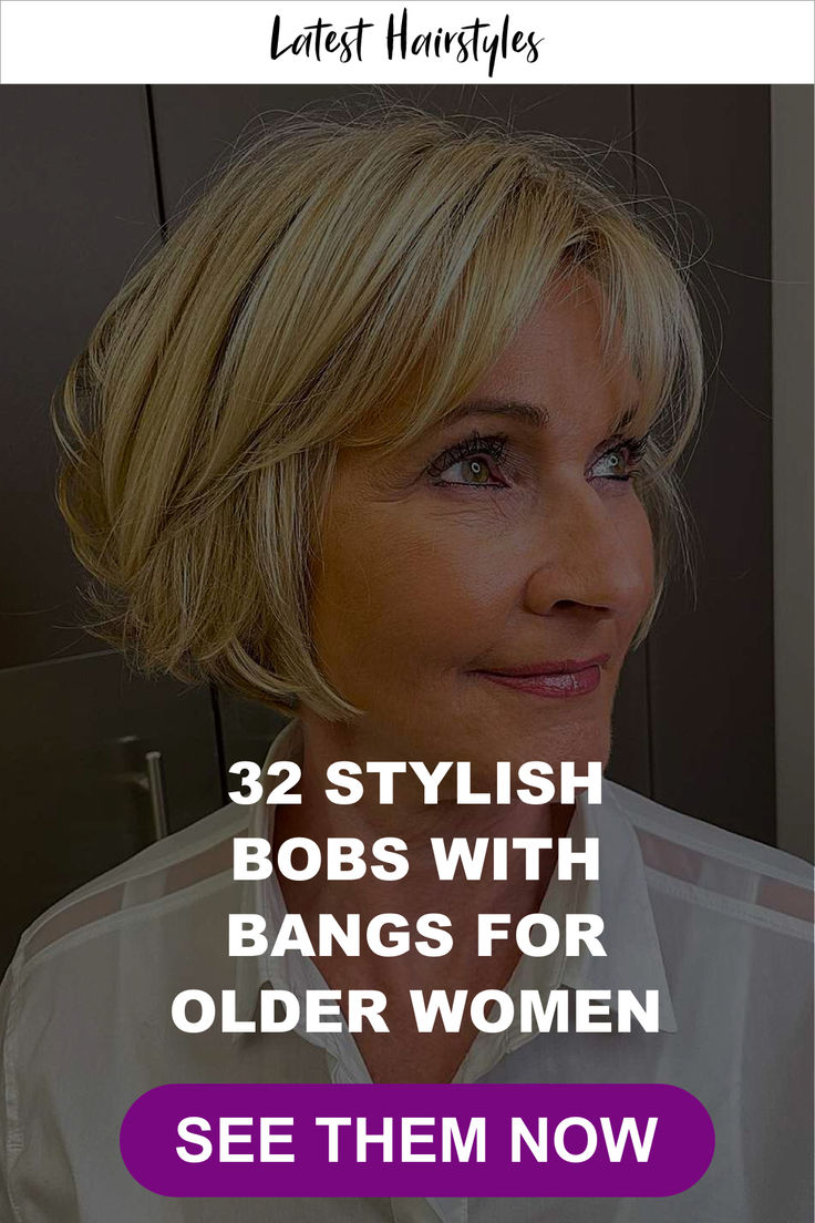 Picture of an older woman with a short bob and bangs Bobs With Bangs, Kort Bob, Choppy Bob Hairstyles For Fine Hair, Short Bobs With Bangs, Haircut For Fine Hair, Short Bobs, Over 60 Hairstyles, Bangs For Women, Bob Hairstyles With Bangs