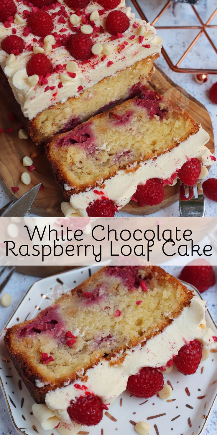 white chocolate raspberry loaf cake on a plate