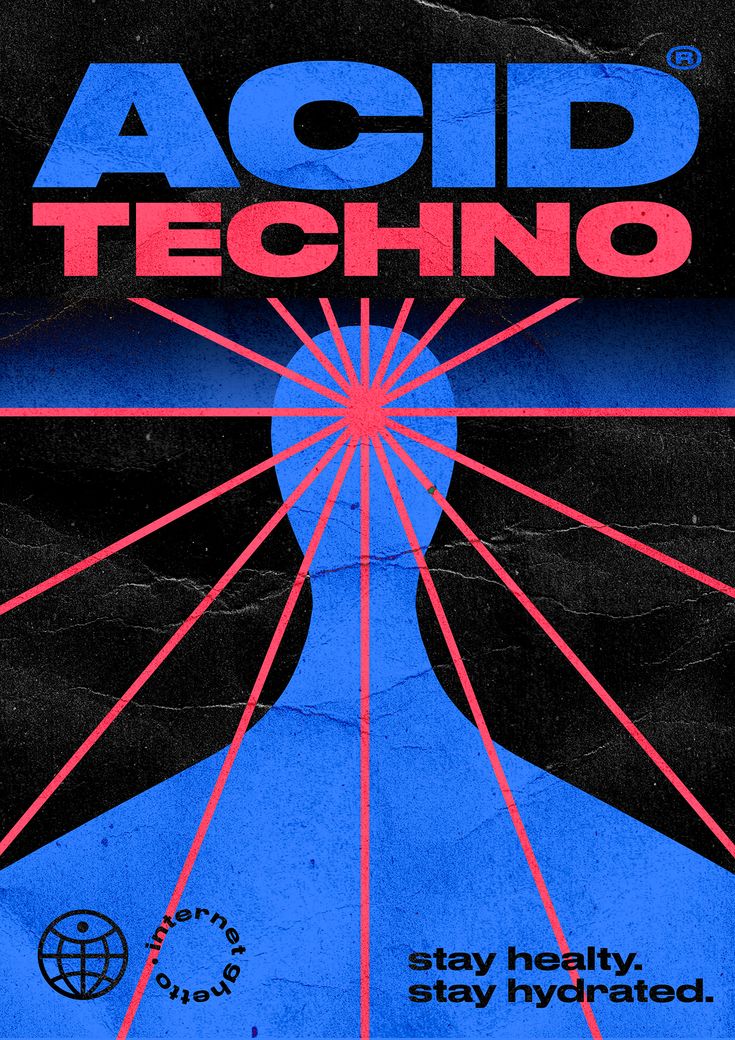 an advertisement for acid techno featuring a man's head with red and blue lines