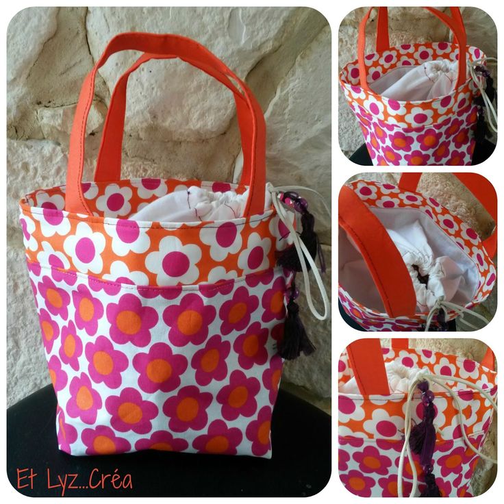 this is an image of a handbag made out of fabric with orange and pink flowers