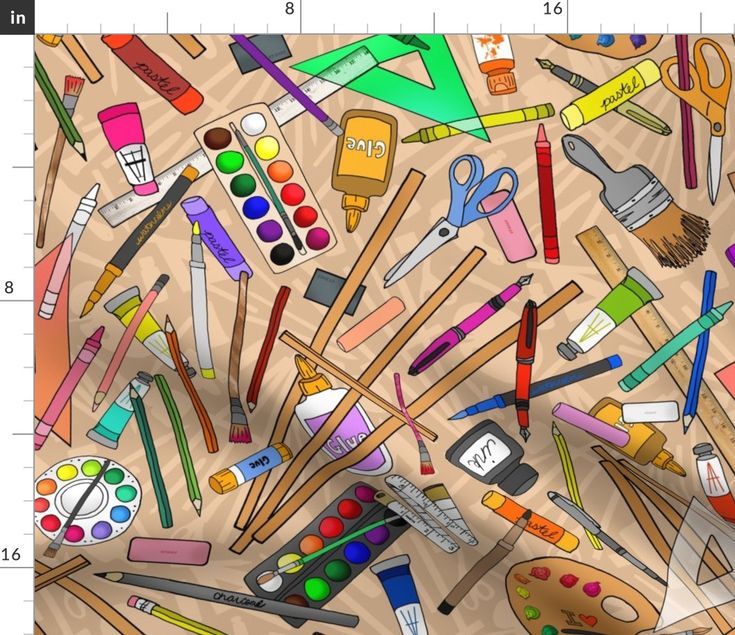 an image of various art supplies on a sheet of paper with scissors and paintbrushes