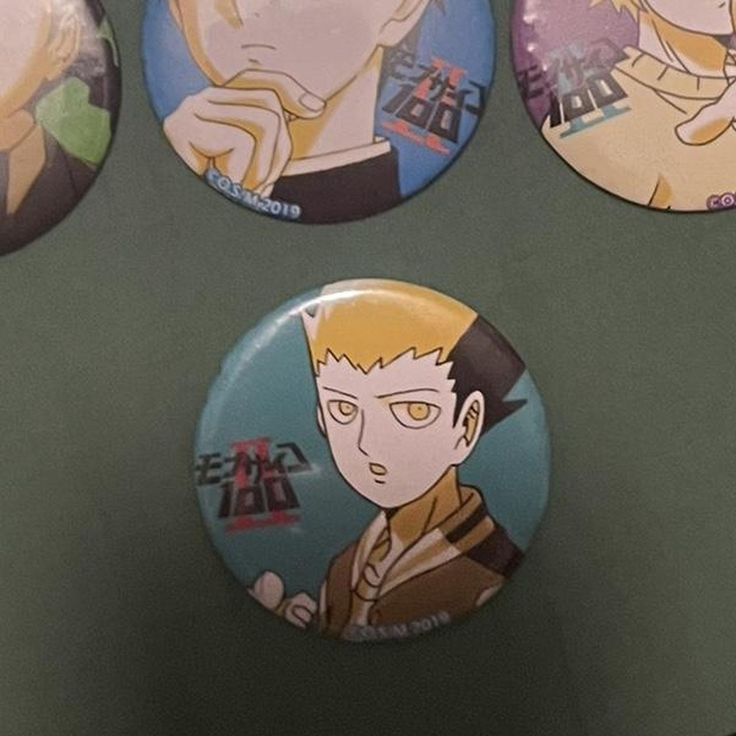 7 mob psycho 100 pins. sho pin (second picture) is a bit messed up on the back, but you can still pin it to something  #mobpsycho #mp100 Mess Up, Pin It, The Back, The 100, Pins