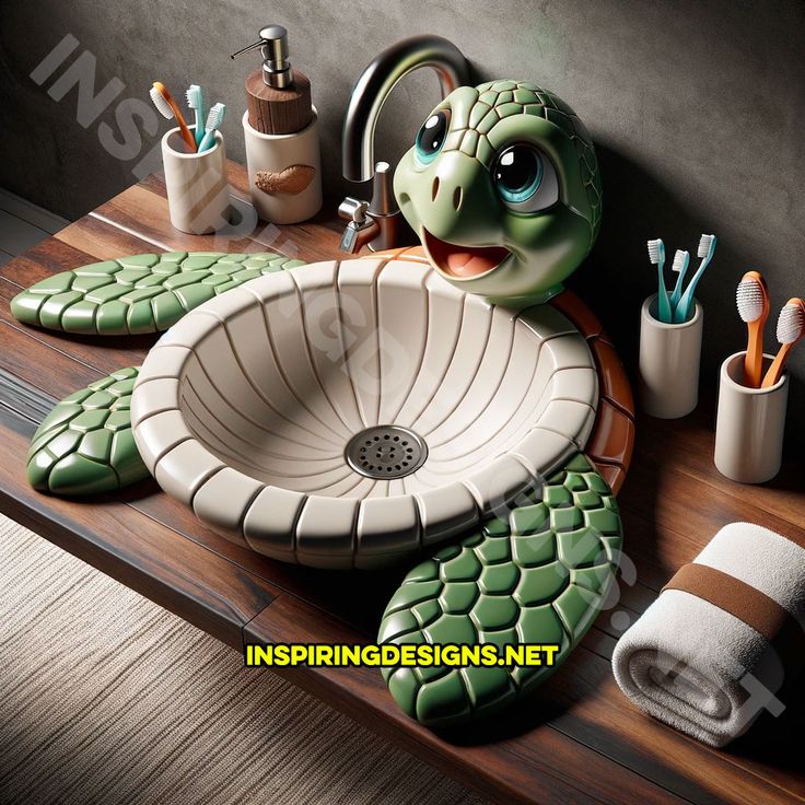 a turtle shaped bathroom sink sitting on top of a wooden counter next to toothbrushes