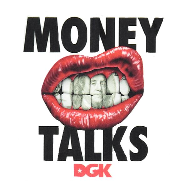 a sticker with money sticking out of it's mouth and the words money talks