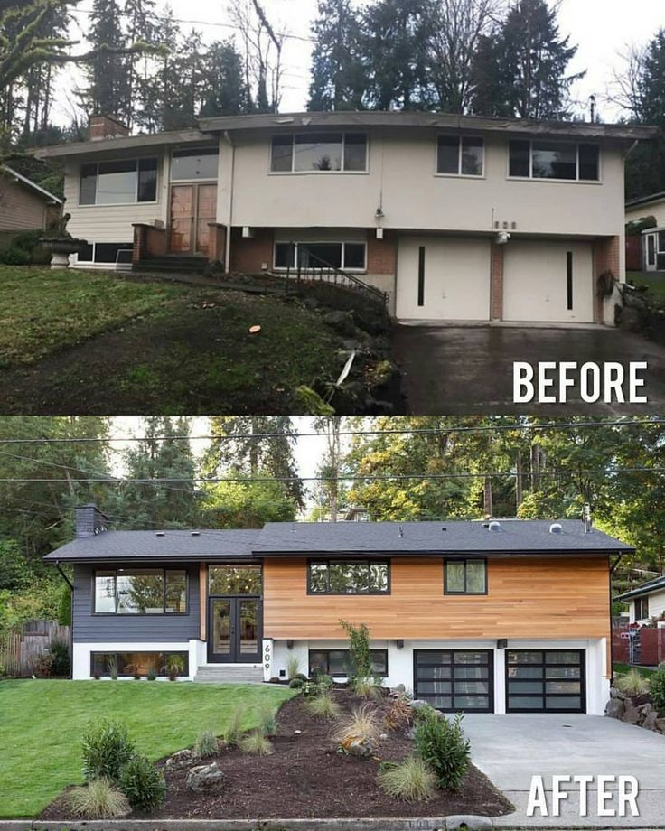 before and after photos of a house with wood siding on the front, and in the back