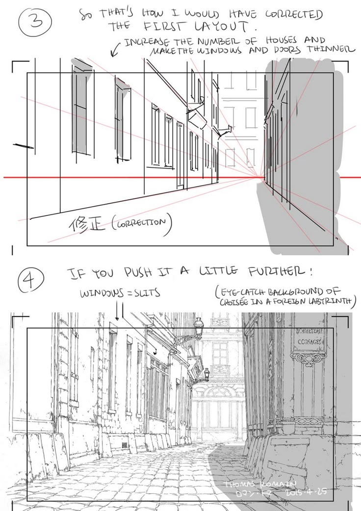 two drawings showing the interior and exterior of an apartment building, with different angles to each other