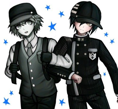 two people dressed in black and white with stars on the backgroung, one is wearing a police uniform