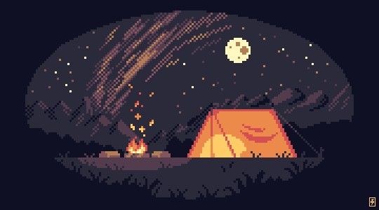 a pixellated image of a tent and campfire at night