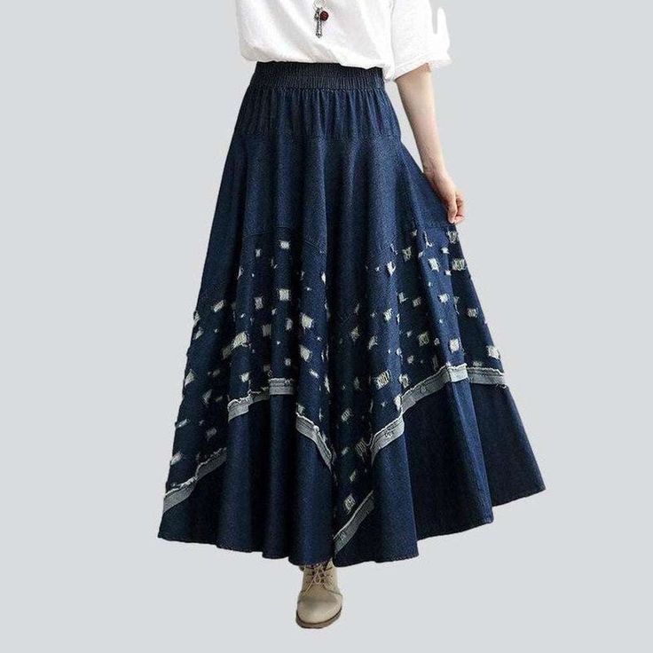 Experience a fit and flare trend like no other with the 2023 Autumn Collection's Embroidered Denim Skirt! Perfectly balanced between street style and sophistication. this high-waisted skirt is the perfect embodiment of contemporary fashion.Distinctive Features: Embroidered Edge: Intricately designed to capture the eye. this skirt features a unique embroidered pattern. inspired by the '90s grunge movement. Fit and Flare: Designed to hug your silhouette while ensuring comfort. this skirt will have Spring Denim Blue Flare Skirt, Spring Flare Denim Blue Skirt, Denim Blue Flare Skirt For Spring, Spring Flared Medium Wash Denim Skirt, Spring Flare Denim Skirt In Medium Wash, Spring Flared Cotton Skirt, Non-stretch Dark Wash Denim Skirt For Spring, Flared Denim Skirt For Summer, Blue Denim Skirt For Spring