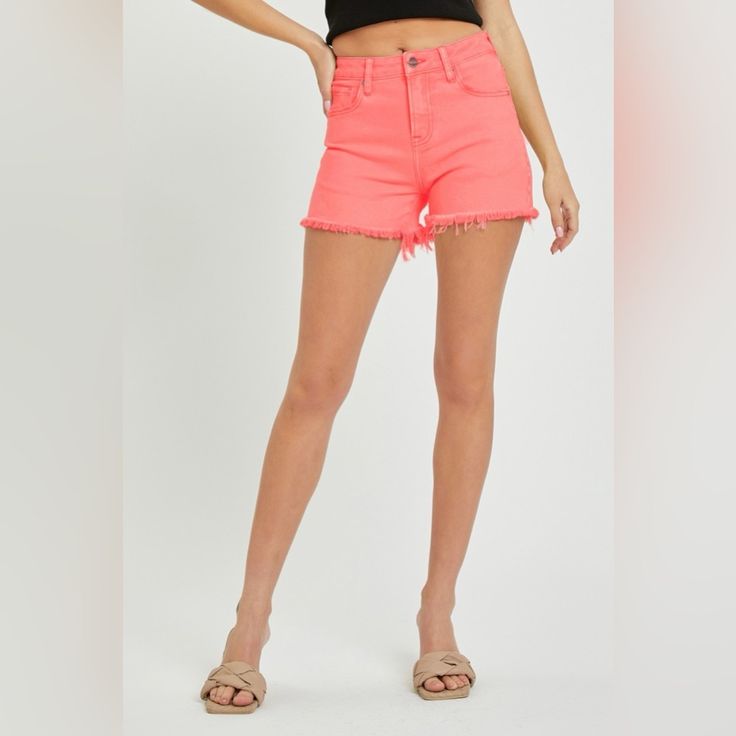 These Tummy Control High Rise Fray Hem Denim Shorts Are A Trendy And Figure-Flattering Option For Your Summer Wardrobe. The High Rise Design Provides A Slimming Effect, While The Tummy Control Feature Offers Extra Support And Comfort. The Frayed Hem Adds A Touch Of Casual And On-Trend Style To These Denim Shorts. Made From A Stretchy And Soft Denim Material, These Shorts Are Comfortable For All-Day Wear. Pair Them With A Tank Top Or A Flowy Blouse For A Chic And Effortless Summer Look. Elevate Y Pink Bottoms With Frayed Hem For Summer, Pink Frayed Hem Shorts For Summer, Casual High Waist Pink Shorts, Pink Jean Shorts For Summer, Pink Cutoff Bottoms For Summer, High-waisted Pink Jean Shorts For Summer, High Waist Pink Jean Shorts For Summer, Pink High-waisted Jean Shorts For Summer, Pink Shorts With Frayed Hem For Spring