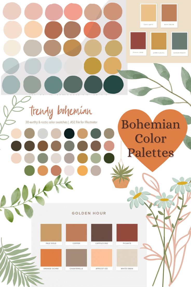 the color scheme for bohemian colors palettes is shown with flowers, leaves and hearts