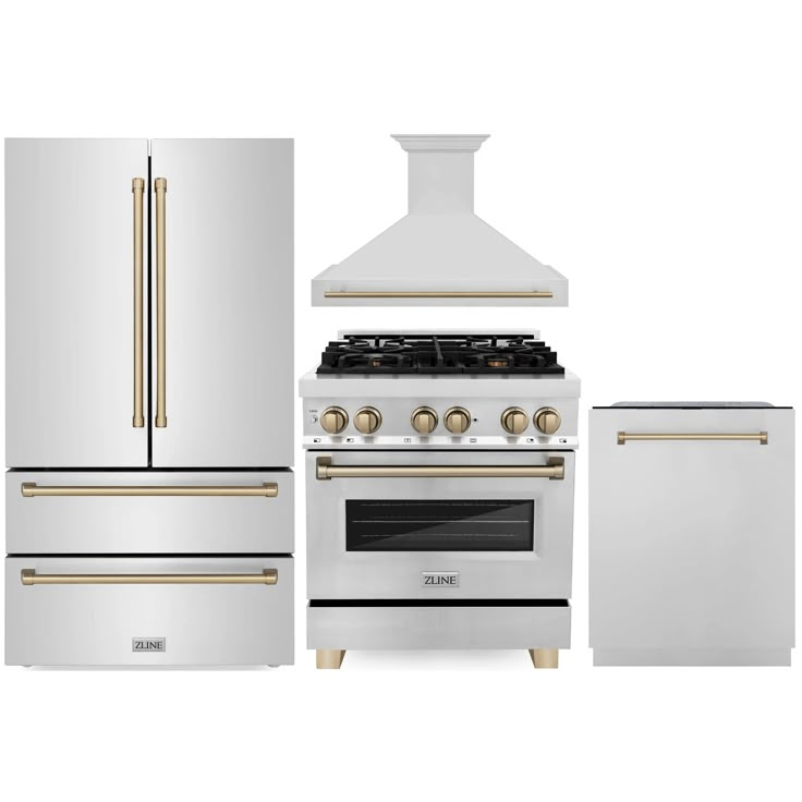 an oven, refrigerator and stove with gold trimmings are shown in this image