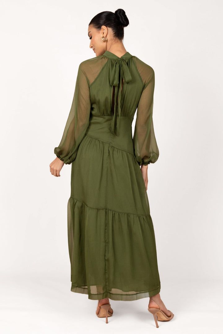 Julip Sheer Long Sleeve Maxi Dress - Olive - Petal & Pup USA Long Sleeve Neutral Dress, Chic Spring High-neck Maxi Dress, Spring High Neck Maxi Dress For Date Night, Party Fitted Maxi Dress With Elastic Sleeves, High Neck Maxi Dress For Spring Date Night, Fall Elegant Maxi Dress With Sheer Sleeves, Green Chiffon Long Sleeve Maxi Dress, Green Maxi Length Long Sleeve Party Dress, Spring Party Midi Dress With Elastic Sleeves