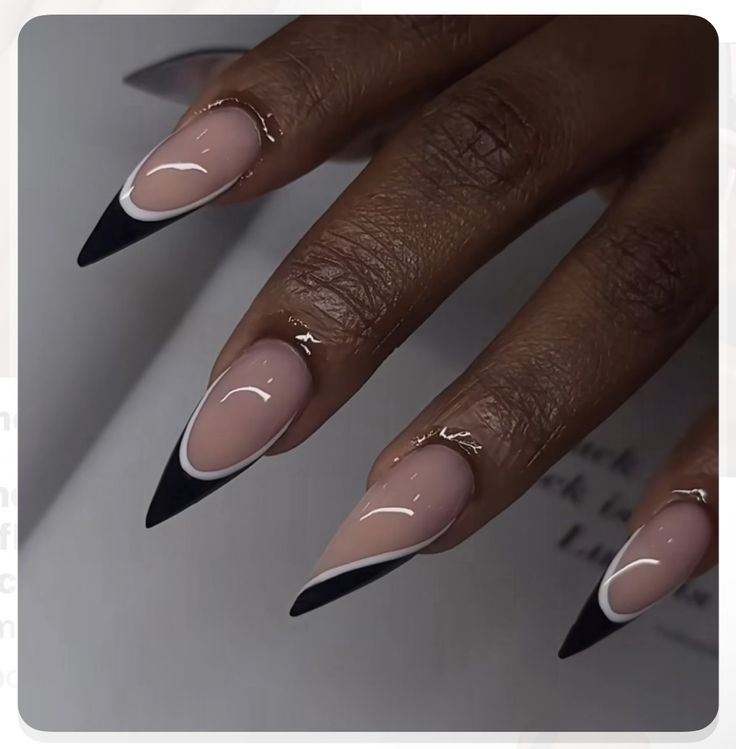 White Almond French Tip Nails Design, Black N White French Nails, White French Design Nails Almond, French Gel X Nails Almond, Black With White French Tip Nails, French Tips For Wedding, French Tips Black And White, All Black Almond Nails, Almond Nails White And Black