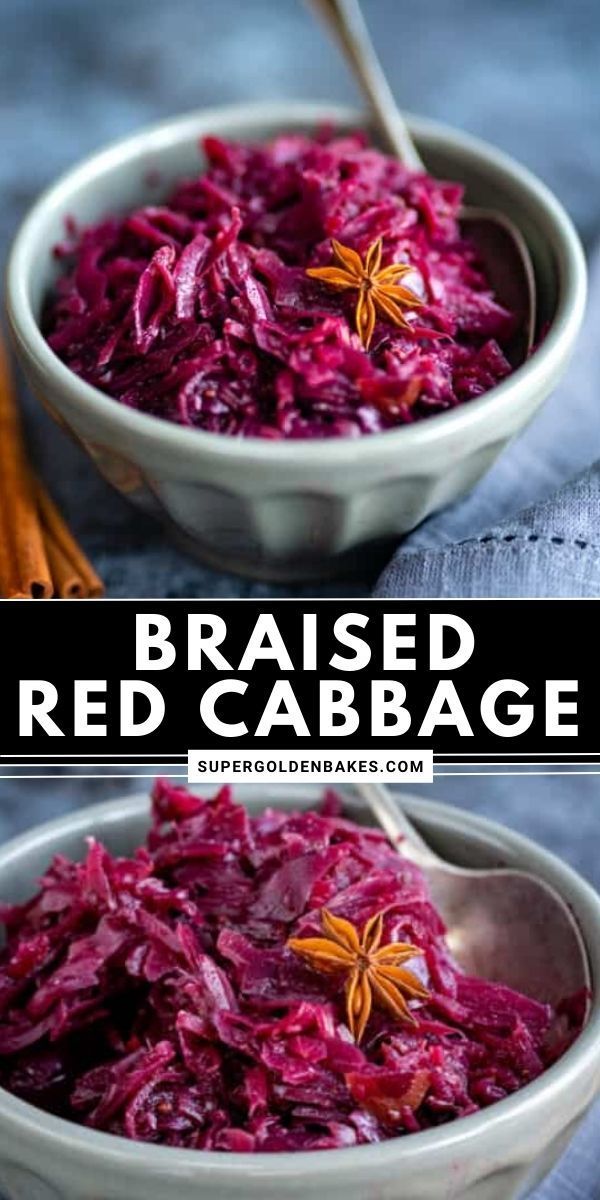 red cabbage in a white bowl with cinnamon sticks on the side and text overlay that reads, braised red cabbage