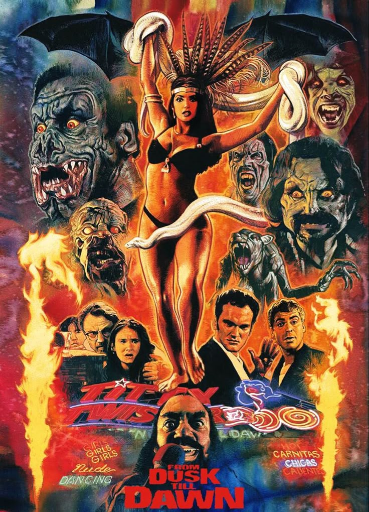 a movie poster for the film dusk dawn, featuring an image of a woman on fire