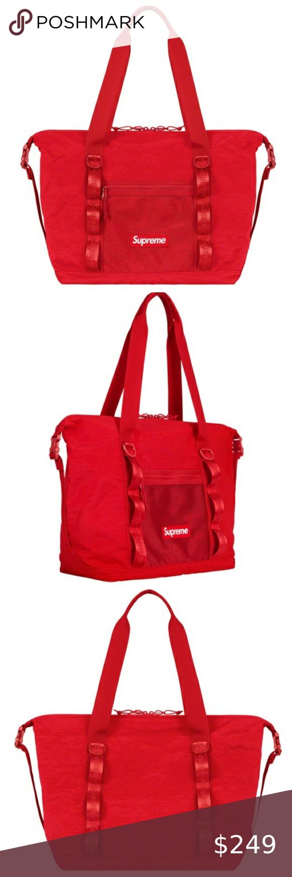 Supreme Cordura Dark Red Zip Tote Bag FW20B13 We apologize for any inconvenience, but we are currently not accepting offers. Supreme Zip Tote FW20B13 Dark Red Size: 25L Nylon crinkle twill style 100% Authentic - Purchased directly from Supreme New York Brand new Water resistant 315D Cordura nylon crinkle twill with embossed logo lining. Main zip compartment with interior zip pocket. Additional front mesh zip pocket. Compression straps with buckle closures at sides. Woven logo webbing bands and l Red Duffle Bag For Daily Use, Red Tote Travel Bag, Red Rectangular Duffle Bag With Zipper Closure, Red Tote Travel Bag For Everyday Use, University Red Everyday Backpack, Red Functional Shoulder Bag With Removable Pouch, Red Bags With Zipper Closure For Daily Use, Red Tote Duffle Bag For Travel, Red Everyday Bag With Top Carry Handle