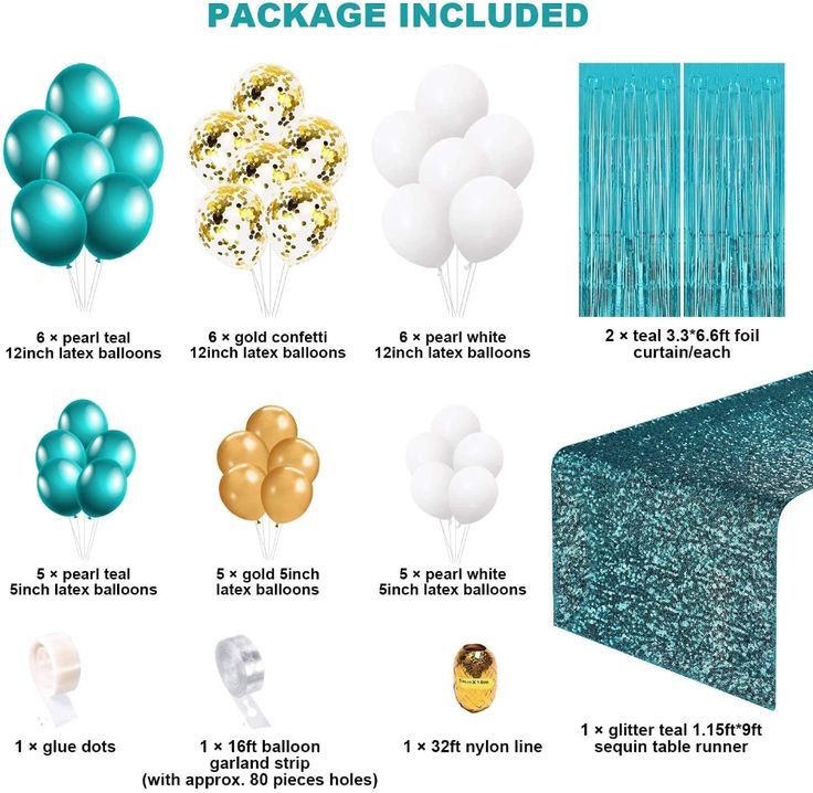 the package includes balloons, streamers, and tablecloths for an elegant party