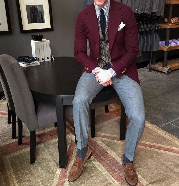 Red blazer and gray pants Burgandy Blazer, Burgundy Blazer, Purple Blazer, Gray Pants, Red Blazer, Color Balance, Grey Pants, Men Style Tips, Pair Of Pants