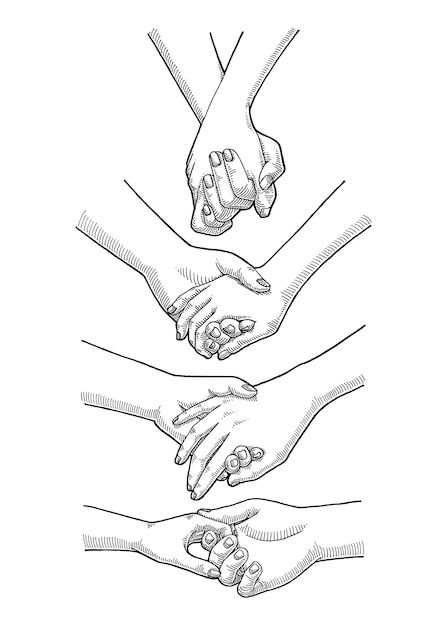 four hands holding each other with their fingers