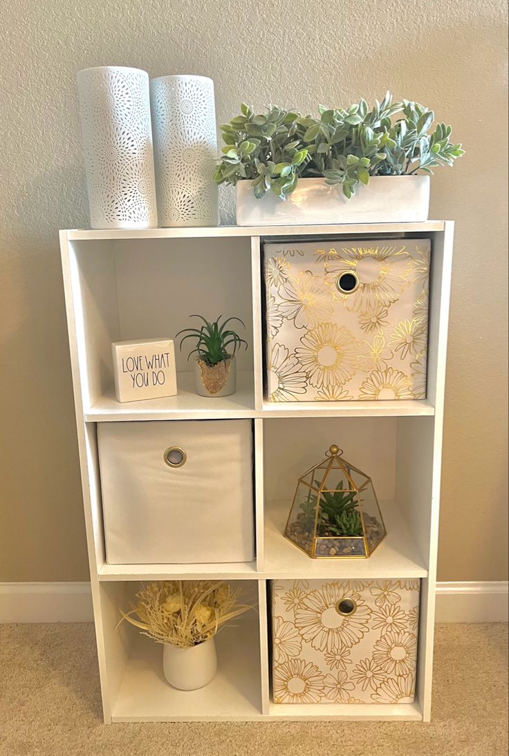 a white shelf filled with boxes and plants