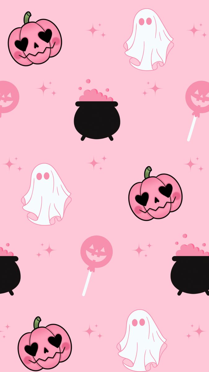 Pink background with pink Halloween graphics. Pumpkin, ghost, lollipop, cauldron with pink bubbles & stars Pink Halloween Wallpaper, Foto Muro Collage, Helloween Wallpaper, Halloween Wallpaper Iphone Backgrounds, Image Halloween, Halloween Wallpaper Backgrounds, Istoria Artei, Halloween Wallpaper Cute, Images Kawaii