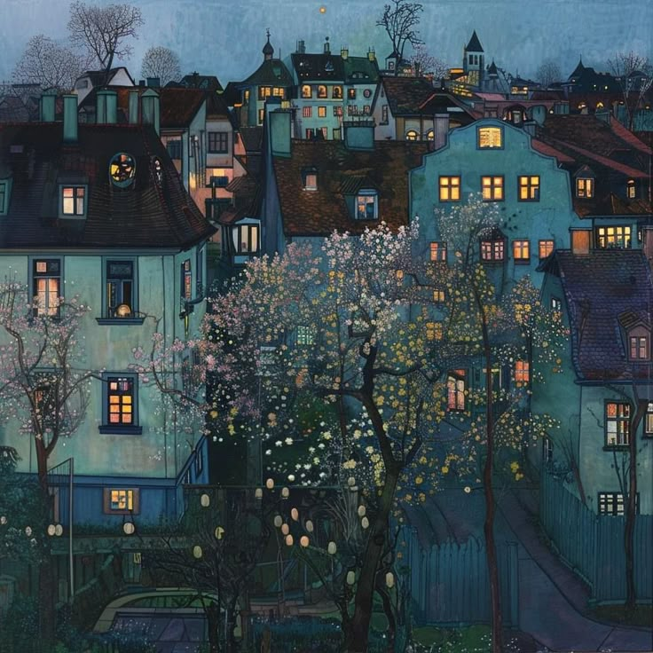 a painting of some buildings and trees at night