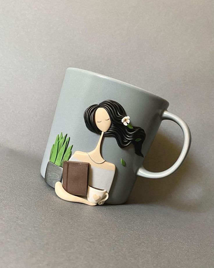 a coffee cup with an image of a woman holding a potted plant on it