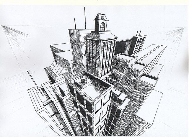 a black and white drawing of some buildings