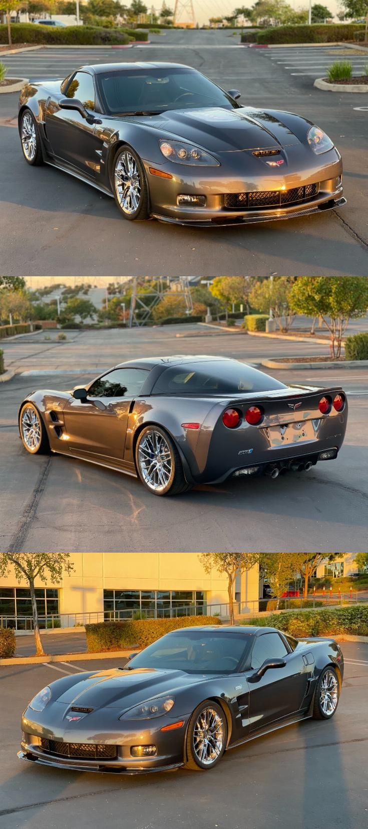 three different views of a silver sports car