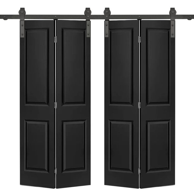 two black doors open to reveal the same room