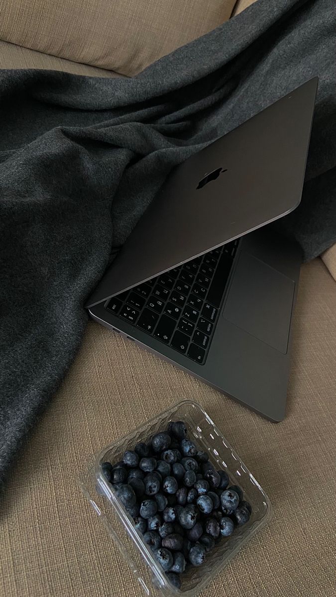 an open laptop computer sitting on top of a couch next to blueberries in a plastic container