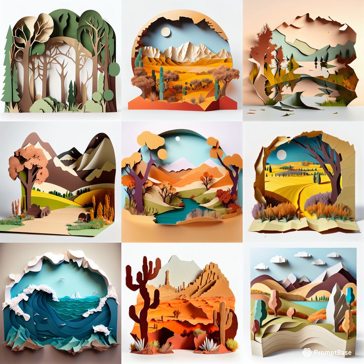 paper cut art depicting the different scenerys in various locations and colors, including mountains, trees, water, and clouds