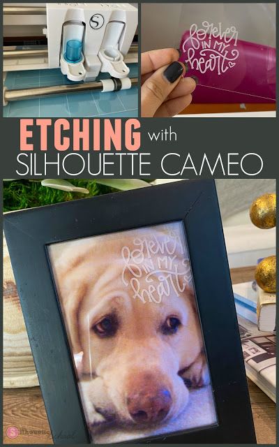 a collage of photos with the words etching with silhouette cameo written on them