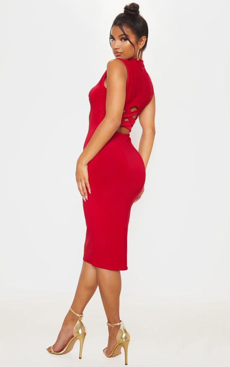 Red Slinky Cross Back Detail High Neck Midi Dress Flowy Red Dress, Mini Red Dress, Midi Dress Work, Cute Red Dresses, Cross Back Dress, Midi Dress Chic, High Neck Midi Dress, High Neck Designs, Black Cross