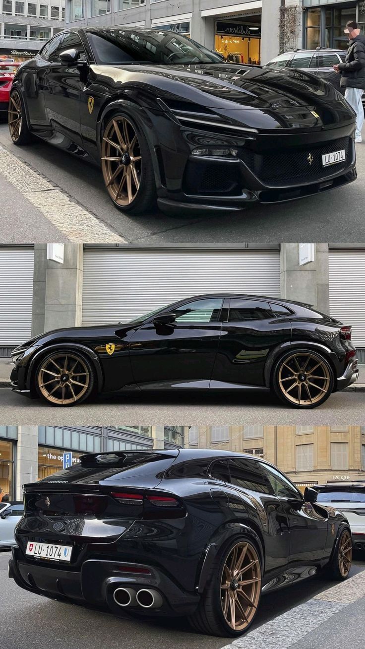 the black sports car has gold rims on it's wheels and is parked in front of a building