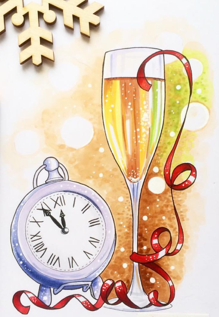 a clock and two glasses of champagne are next to a snowflake