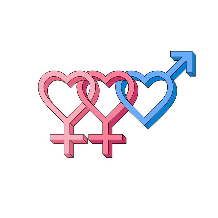 two hearts and an arrow with the word love written in blue, pink and purple