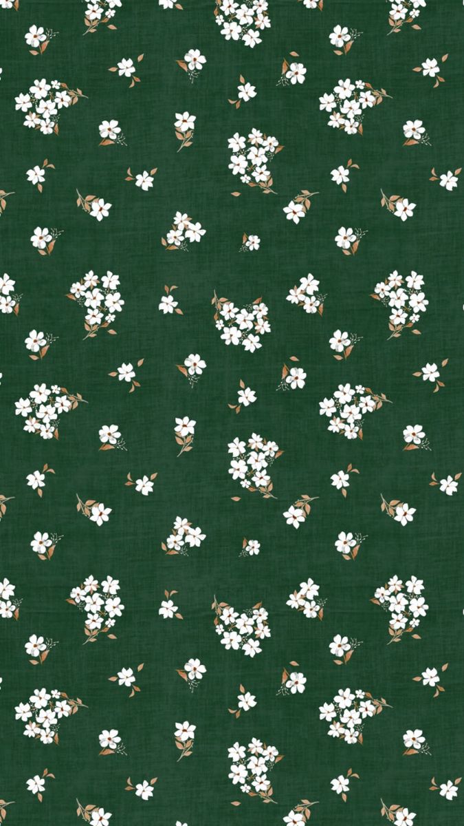 a green background with white flowers on it