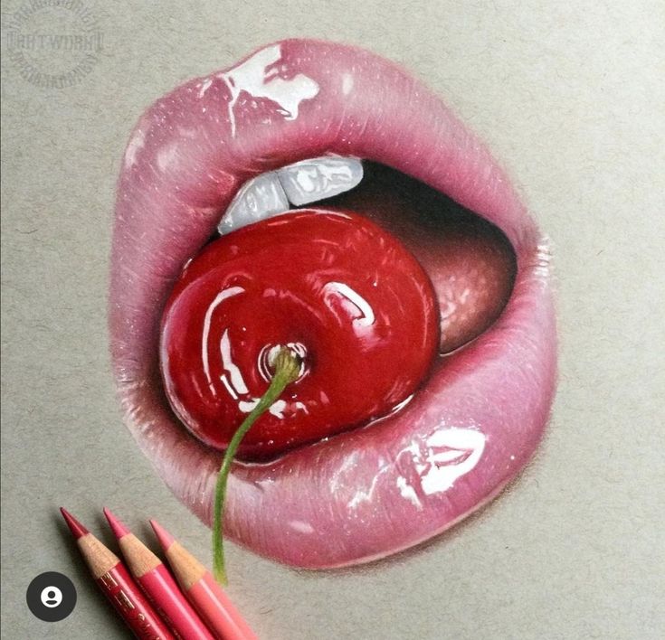 a pencil drawing of a cherry in the lips