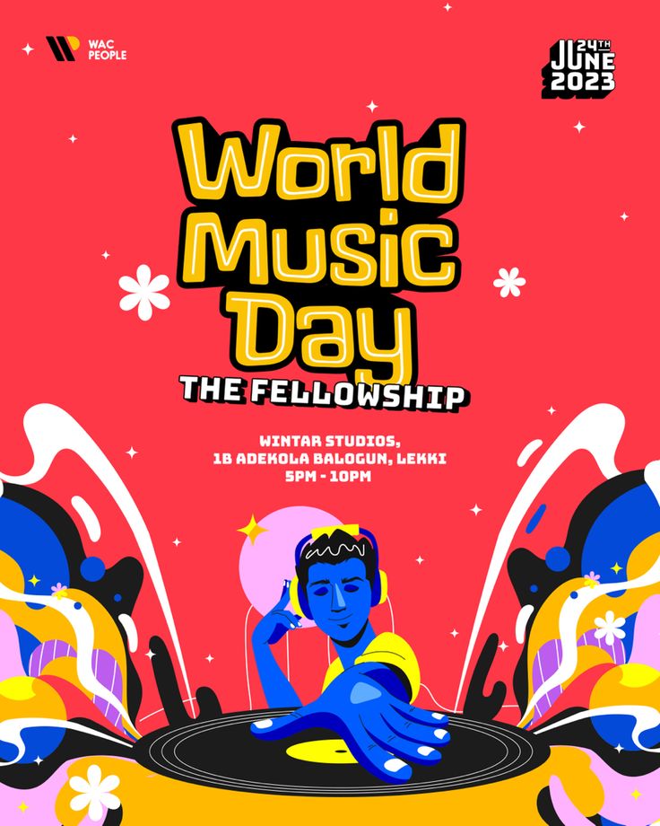 the poster for world music day, which features an image of a dj playing on a turntable