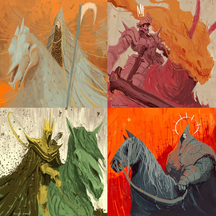 four different colored paintings of people riding horses and holding swords, with one man on horseback