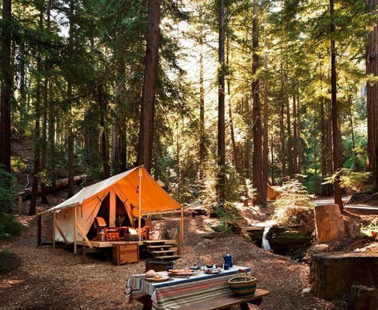 a tent set up in the middle of a forest with picnic tables and chairs around it