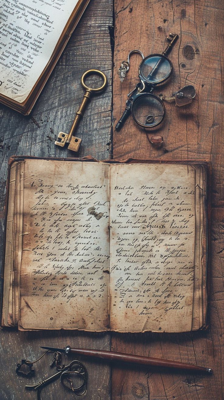 Antique Writing Essentials: An open antique book rests on a wooden desk alongside a vintage key and glasses. #antique #book #vintage #writing #desk #aiart #aiphoto #stockcake ⬇️ Download and 📝 Prompt 👉 https://ayr.app/l/hDgQ Old Journals Aesthetic, Old Journal Aesthetic Writing, Book Travel Aesthetic, Vintage Book Photography, Vintage Things Aesthetic, Genealogy Aesthetic, Open Book Picture, Writing Novel Aesthetic, Old Writing Aesthetic