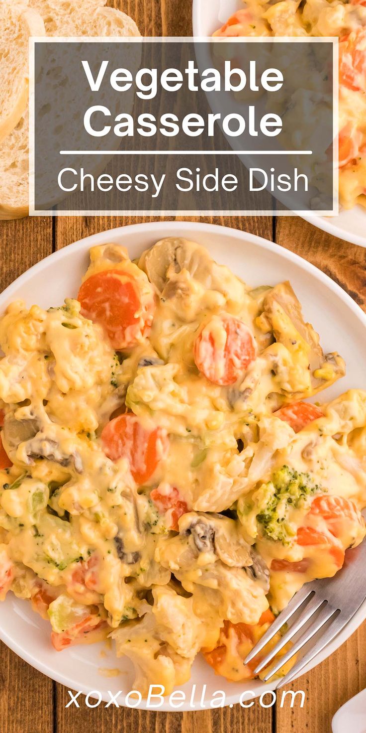 vegetable casserole with cheesy side dish served on a white plate next to a fork