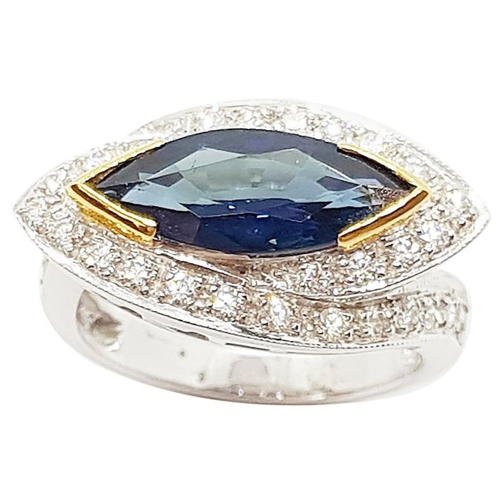 Marquise Blue Sapphire with Diamond Ring Set in 18 Karat White Gold Settings Marquise Solitaire Ring, Halo Ring Setting, Blue Sapphire Diamond Ring, Diamond Ring Set, Modern Engagement Rings, Blue Sapphire Diamond, Diamond Ring Settings, White Gold Engagement, Halo Diamond Ring