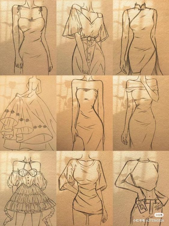 sketches of different types of dresses for women