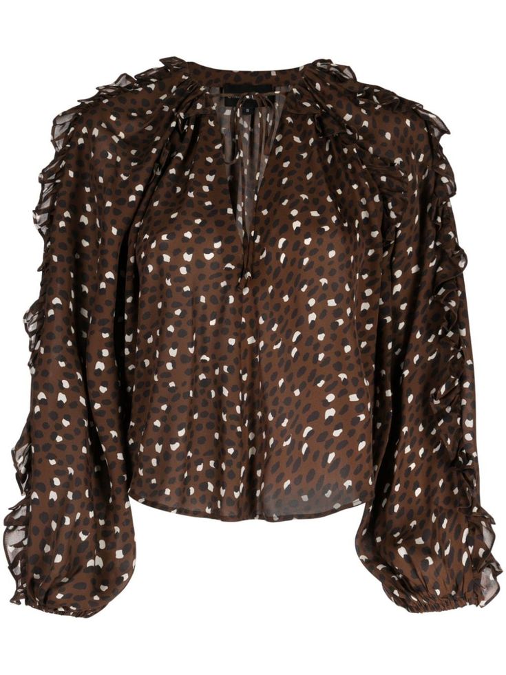 chocolate brown/white/black silk polka dot print ruffled detailing gathered tie neck long puff sleeves straight hem Brown Sweatshirt, Long Puff Sleeves, Cynthia Rowley, Polka Dot Print, Tie Neck, Ulla Johnson, Dot Print, Black Silk, White Polka Dot